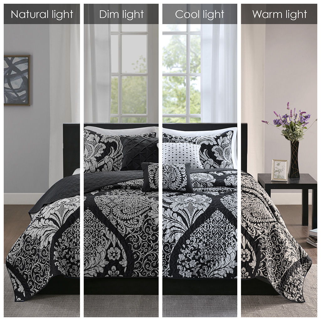 Vienna - 6 Piece Printed Cotton Quilt Set With Throw Pillows - Black