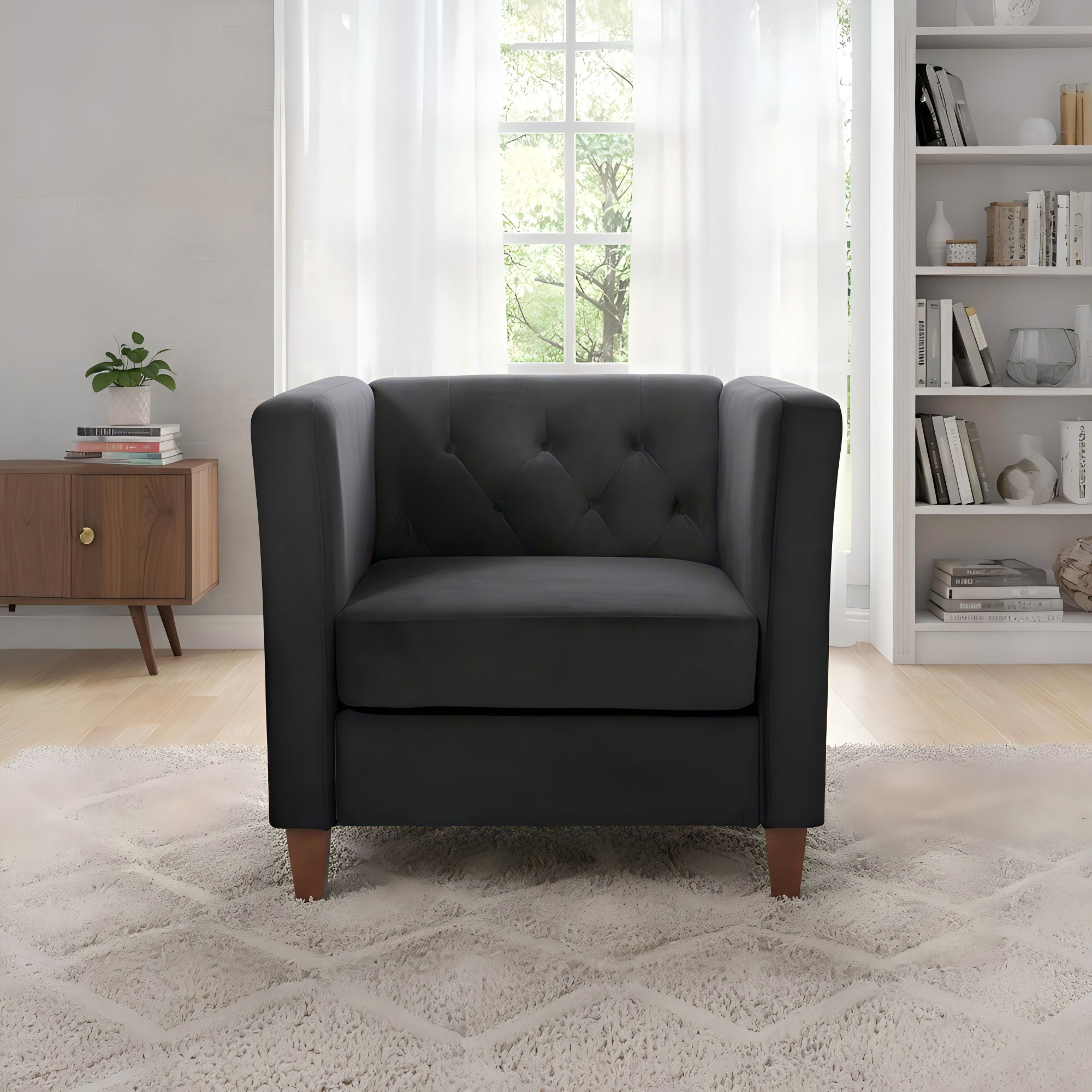 Button Tufted Accent Square Arm Upholstered Chair - Black