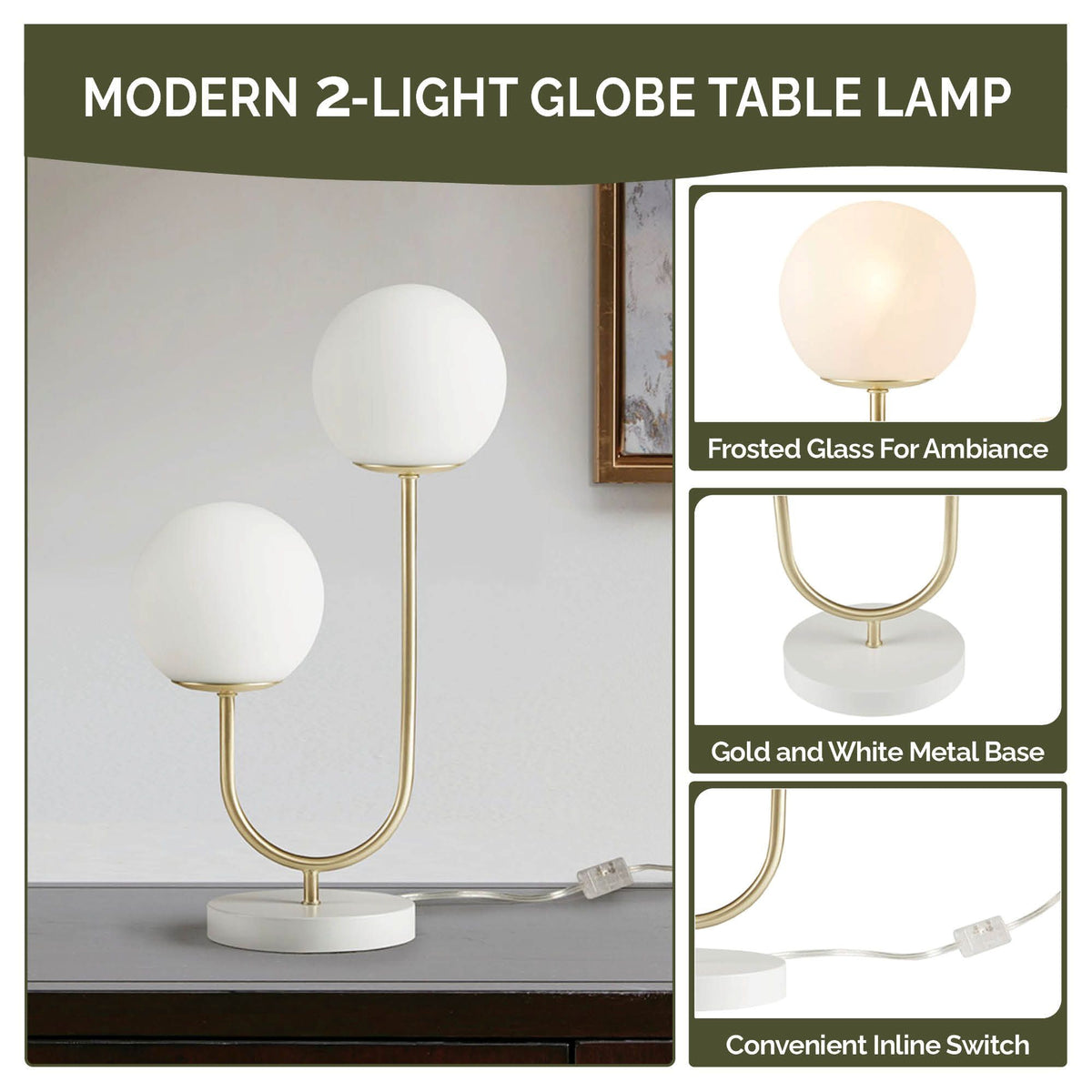 Zusa - Metal 2 Light Globe Table Lamp - Gold / White
