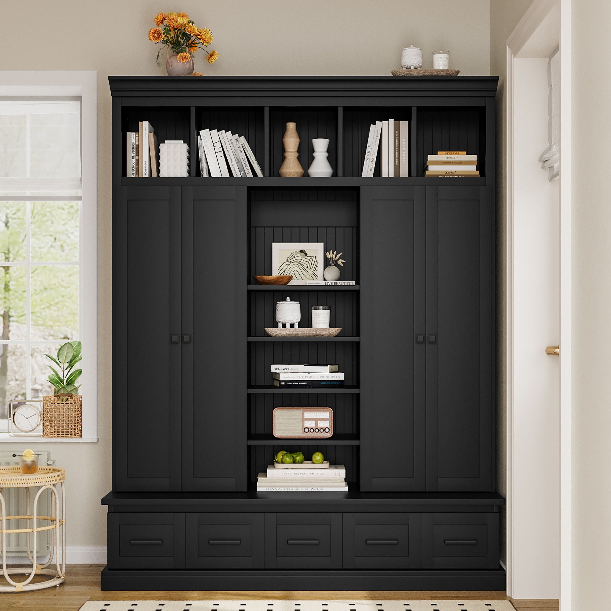 Hall Tree With Bench And 5 Storage Cubbies