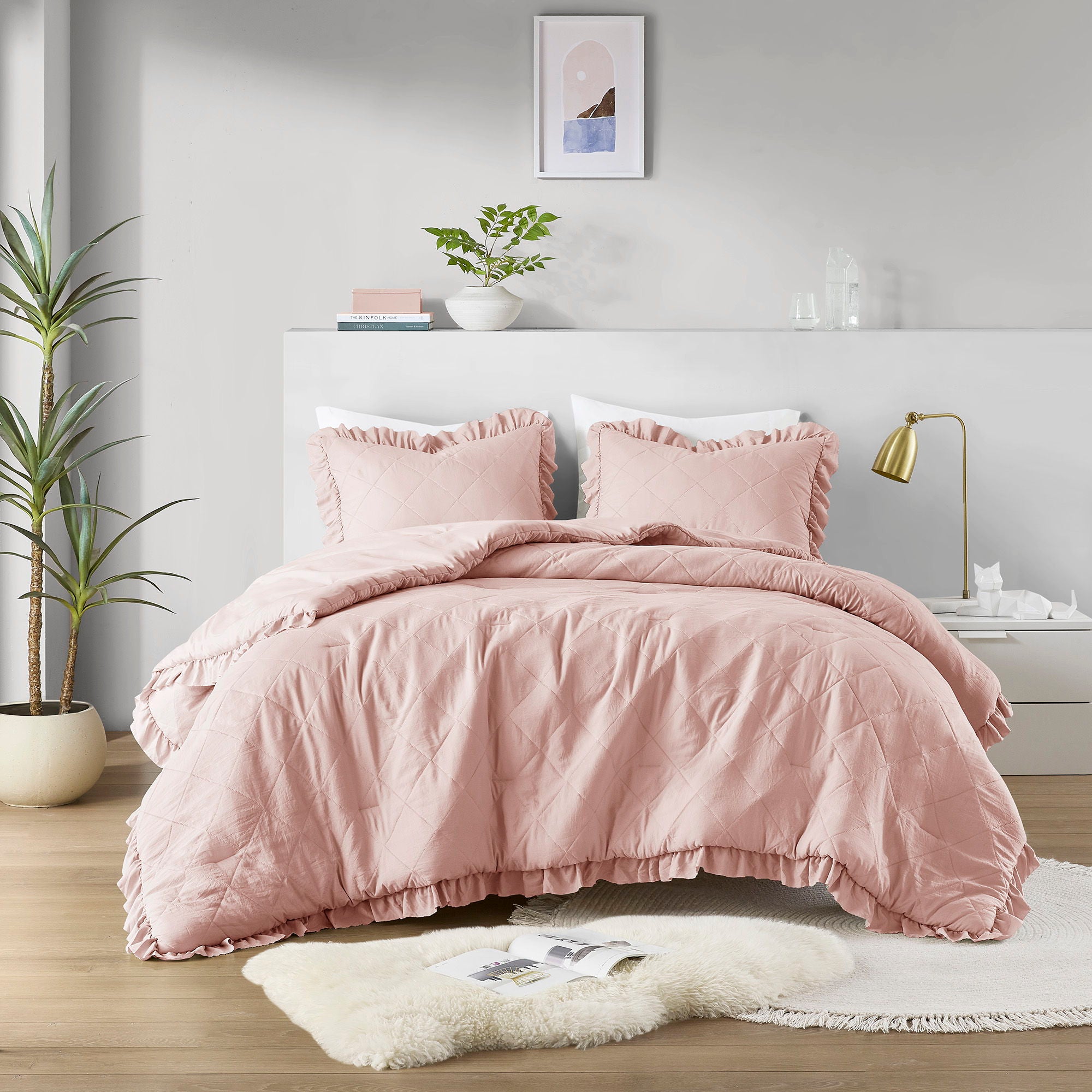 Phoebe - King/California King Diamond Quilted Ruffle Edge Comforter Set - Blush