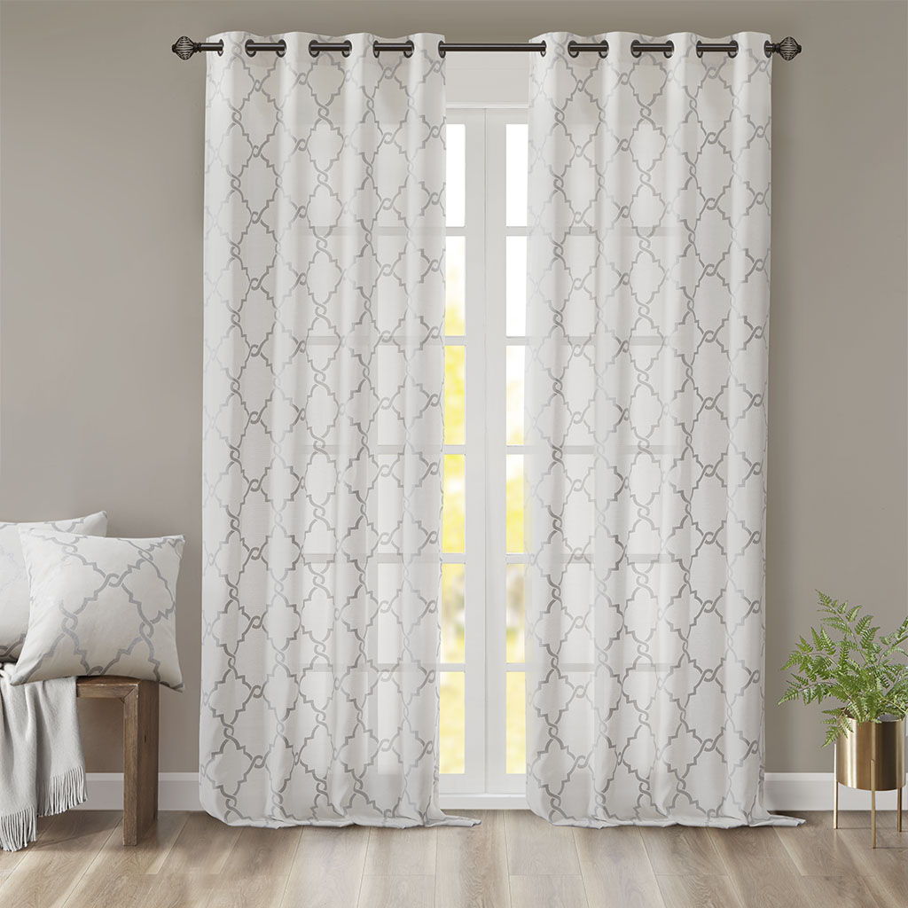 Saratoga - 108" Fretwork Print Grommet Top Window Curtain - Ivory