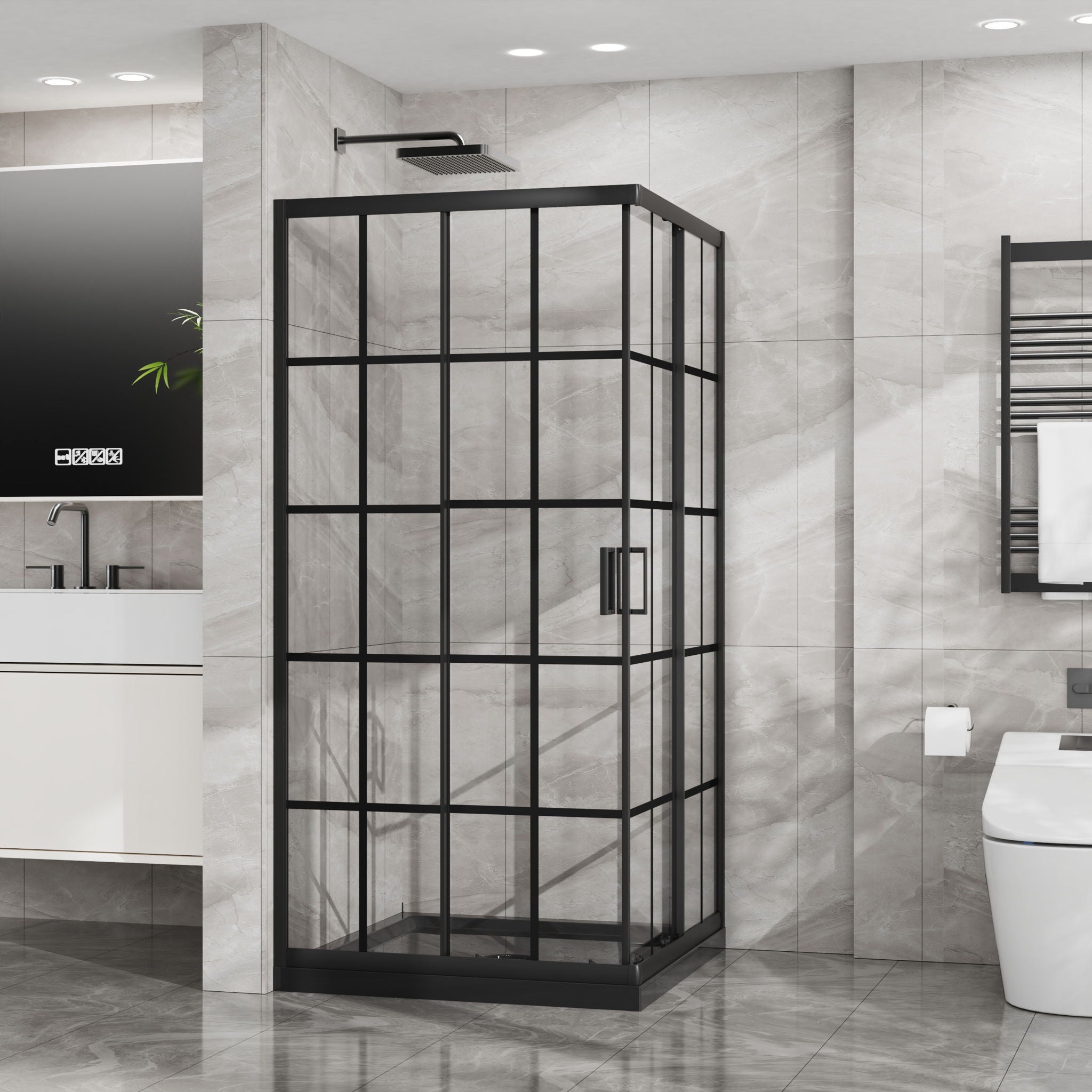 Corner Shower Enclosure, Double Sliding Door, Base - Matte Black